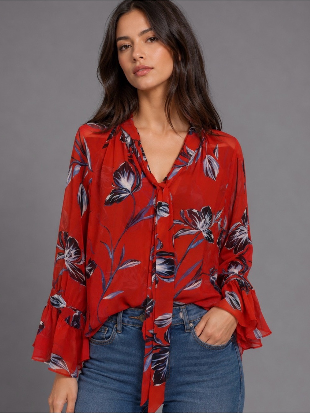 MISA Los Angeles Womens XS Gracie Red Sheer Floral Print Bell Sleeve Blouse Top